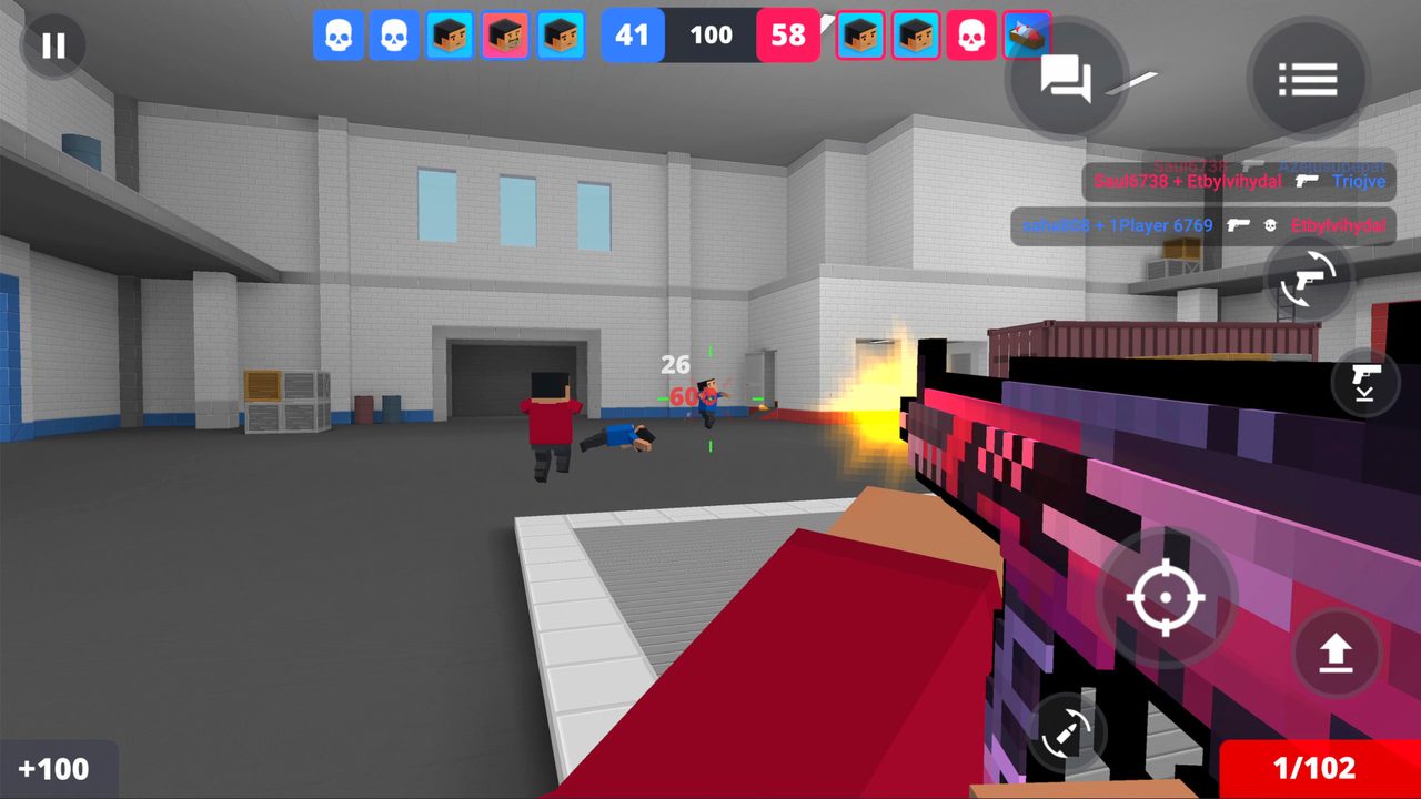 Block Strike gameplay: firing a pixel rifle inside a blocky warehouse map