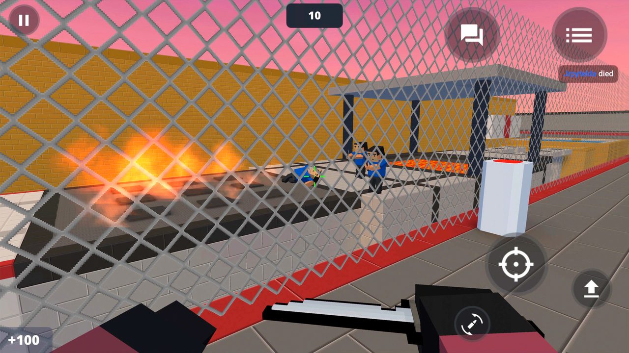 Zombie escape section behind a chain fence, fire spreading along the corridor